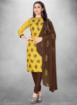 Slub Cotton Yellow Casual Wear Embroidery Work Churidar Suit